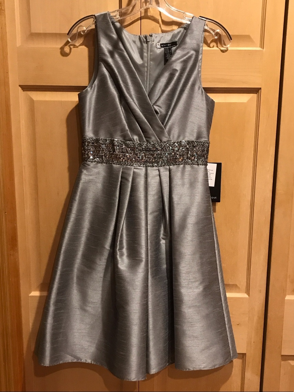 New JS Boutique Silver Sleeveless Party Dress with Beaded Waistband